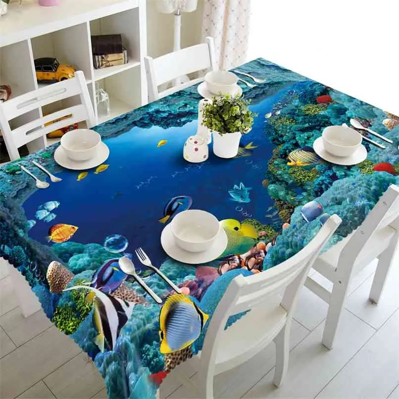 Papagaio de toalha de mesa de vista para o mar 3D Papagaio e elefante impermeável espessa pano de mesa redonda retangular para casamento 210626