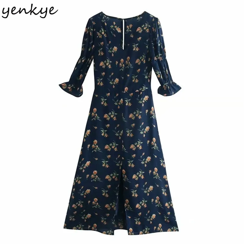 Vestido de verano de gasa para mujer Vintage Prairie Chic Estampado floral Mujer Cuello en V Sexy Hem Slits A-line Midi Robe Femme 210514