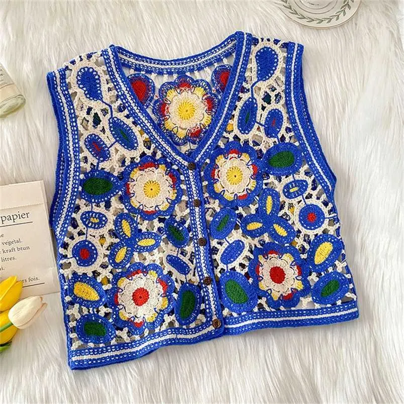 Chaleco Mujer Bohemain Floral Broderie Crochet Vest Summer Beach Holiday Tops Femmes Sans Manches Wayctoat Fashion 211018