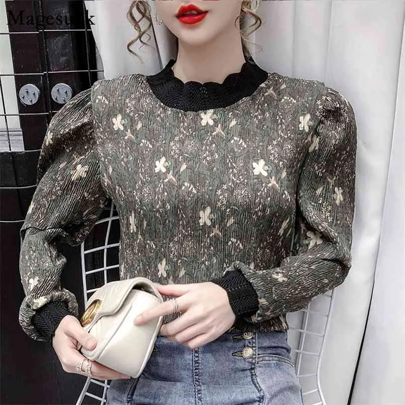 Jesień Koreański Z Długim Rękawem Kobiety Stojak Kołnierz Plisowany Druku Vintage Bluzka Casual Pullover Top Mujer 12264 210512