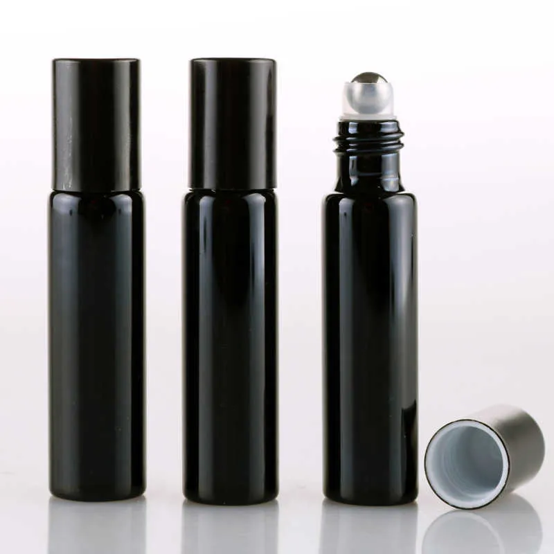 Hervulbare dikke 5 ml lege rol op glazen fles frosted zwart voor essentiële olie parfumfles metalen roller bal 500pcs door DHL Botella