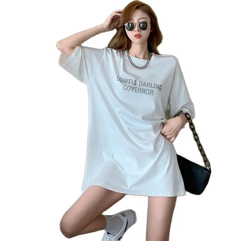 중추 길이 코튼 반팔 티셔츠 여성 느슨한 곰 드릴 블라우스 여름 한국 패션 여성 의류 210520