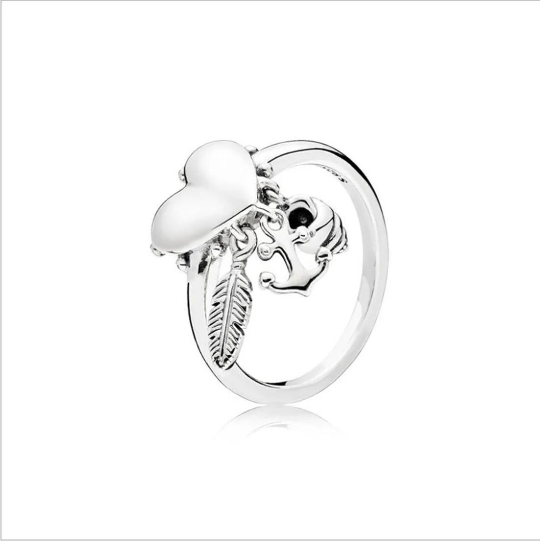 Genuine New Brand 100% 925 Sterling Silver Anchor Feather Heart Ring per le donne Fedi nuziali Gioielli di moda