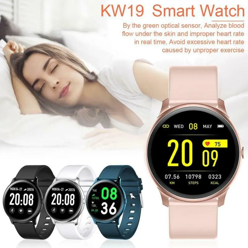 KW19 Smart Watch Wristbands impermeável Pressão arterialista Monitor de Fitness Tracker Esporte Bracelete inteligente para Andriod iOS