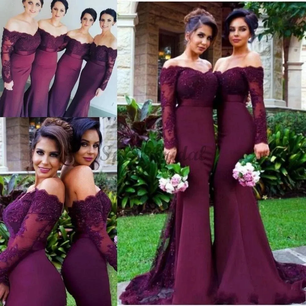 Burgundy Long Mermaid Lace Bridesmaid Dresses Plus Storlek Modest Långärmade Bröllop Gästkvällar