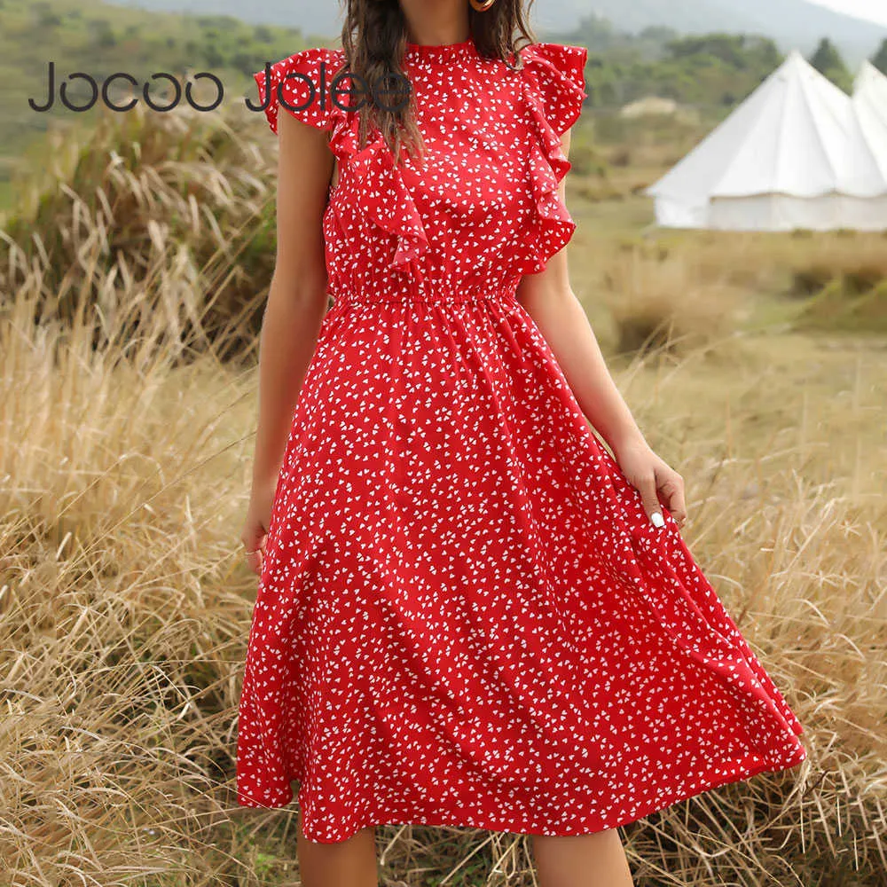 Joloo jolee ponto de verão impressão ruffles vestido vermelho manga borboleta casual uma linha chiffon vestido elegante cintura elástica midi sundress 210619