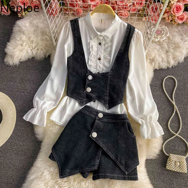 Neploe Femmes Trois Pièces Ensembles Manches Bouffantes Chemisier Blanc Denim Gilet Irrégulier Jeans Court Coréen Chic Costumes Nouvelle Femme Roupas 210422