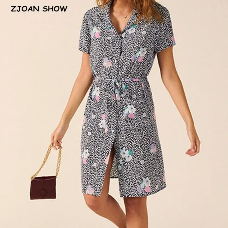 French style Women Floral Print Shirt Dress Office Ladies Tie Bow Sashes Single-breasted Buttons Lapel Retro Summer Dresses 210429