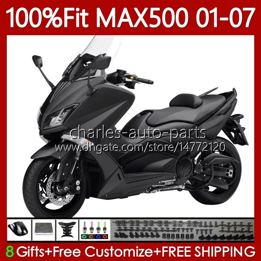 Carénages d'injection pour YAMAHA TMAX500 Noir plat T-MAX500 MAX-500 TMAX-500 T MAX500 01 02 03 04 05 06 07 109No.5 TMAX MAX 500 XP500 2001 2002 2003 2004 2005 2006 2007 Kit