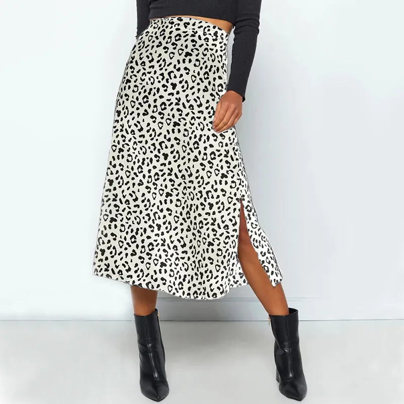 Sexig Leopard Print Chiffon Split Kjol Casual Fashion Långkjolar För Kvinnor Vår Sommar Zip Elegant Kvinna Kjol 210518