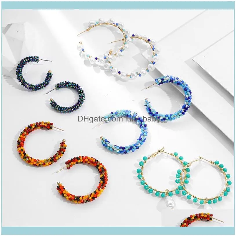 Bohemia Handmade Round Pearl Beads Hoop Earrings For Women Girls Vintage Boho Geometric Cross Statement Jewelry 2021 & Huggie