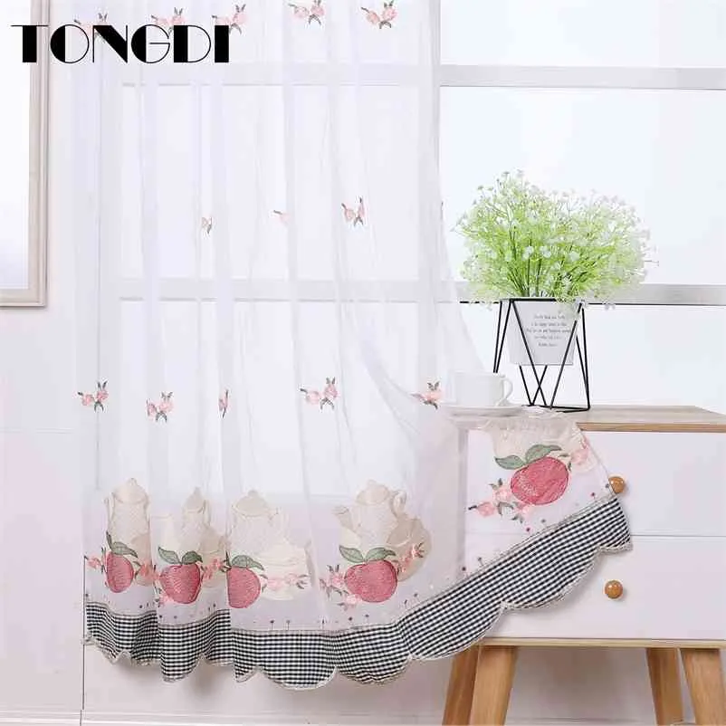 Tongdi Cozinha Cortina Valance Sheer Tiers Pastoral Frutas Café Tulle Bordado Bonito para Janela da Cozinha Sala de Jantar 210913