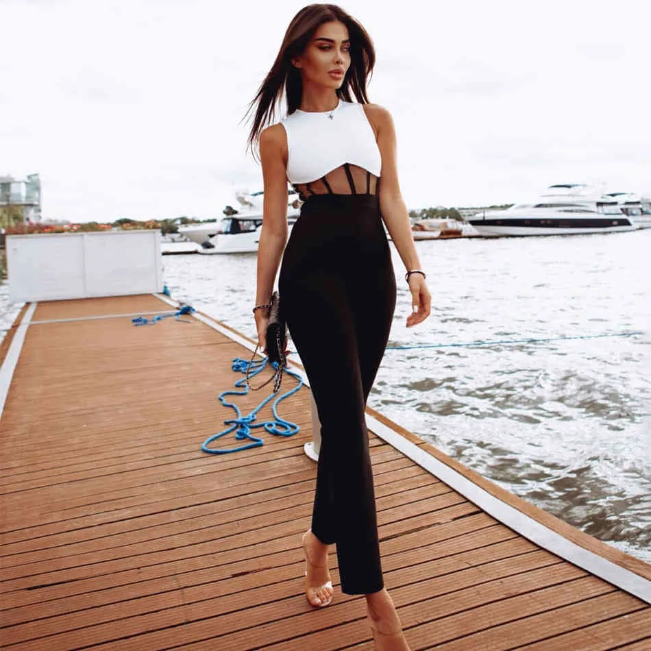 Verão Mulheres Moda Bandage Jumpsuits Club Black and White Lace Sem Mangas Longas Calças Lady Bodycon 210423