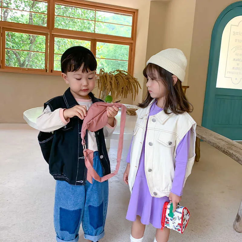 Kinder Weste Herbst Koreanischen Stil Denim Einreiher Jungen Revers Kragen Mädchen Waiscoats Kinder Mantel Kleidung 210615
