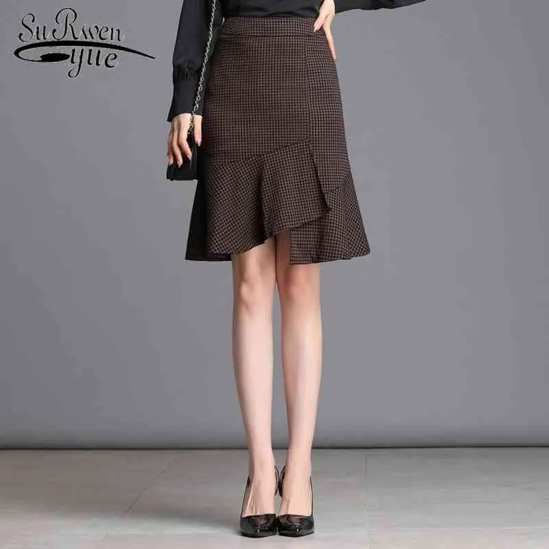 韓国の格子縞のヴィンテージの不規則なハイウィストスカートエレガントなAラインファッション春の夏のスカートレディースファルダ8816 50 210521