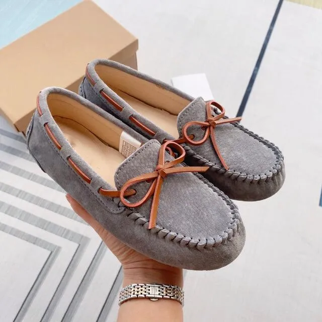 Kadın Moda Rahat Ayakkabı Yüksek Kalite İnek Bölünmüş Süet Flats Loafer Ayakkabı Gri Işık Tan Renkli