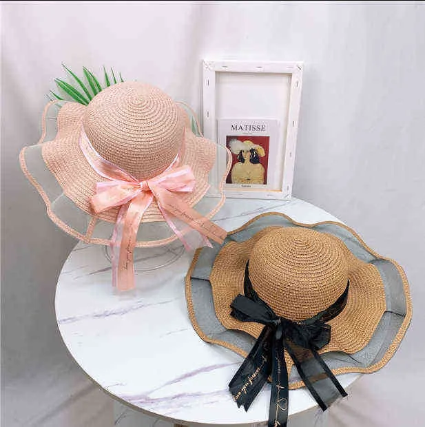 Summer Women Straw Hat Big Bowknot Wide Brim Floppy Panama Hats Female Lady Outdoor Foldable Beach Sun Cap G220301