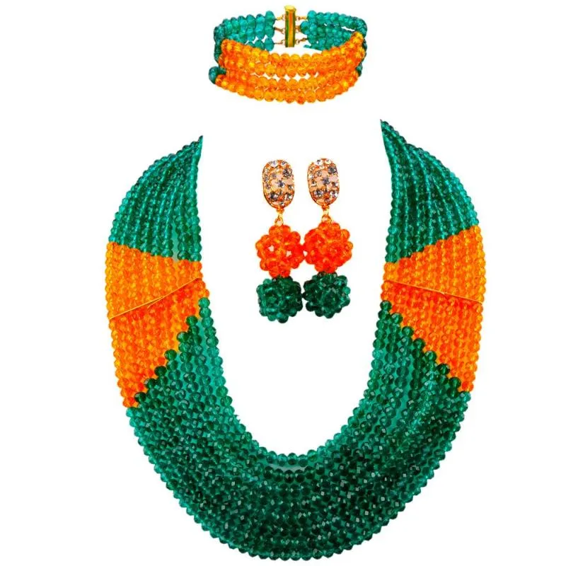 Kolczyki Naszyjnik Moda Army Zielony Pomarańczowy Kryształ Zroszony Nigerii Wedding Afryki Koraliki Biżuteria Zestaw Dla Kobiet 8LBJZ01