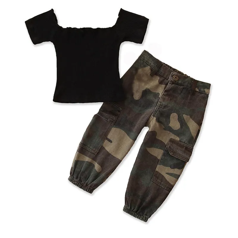 Criança criança bebê menina verão manga curta fora do ombro t-shirt top + camuflagem cacho de impressão outfit conjunto de roupas 2 pcs 1-6y 2587 Q2