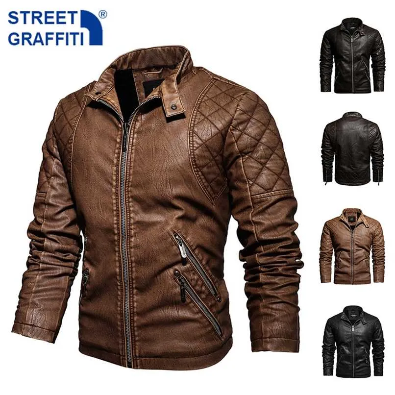 Giacca da motociclista da uomo Autunno Inverno Uomo Faux PU Leather s Casual Ricamo Biker Coat Zipper Fleece 211111