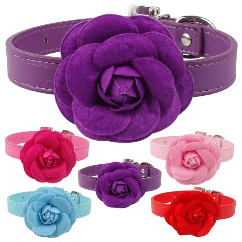Śliczny naszyjnik z kwiatem PU Leather Dog Collarsfor dla małych psów Puppy Pink Red Purple Blue Rose Neck dla 8-18 "Collars smyczek
