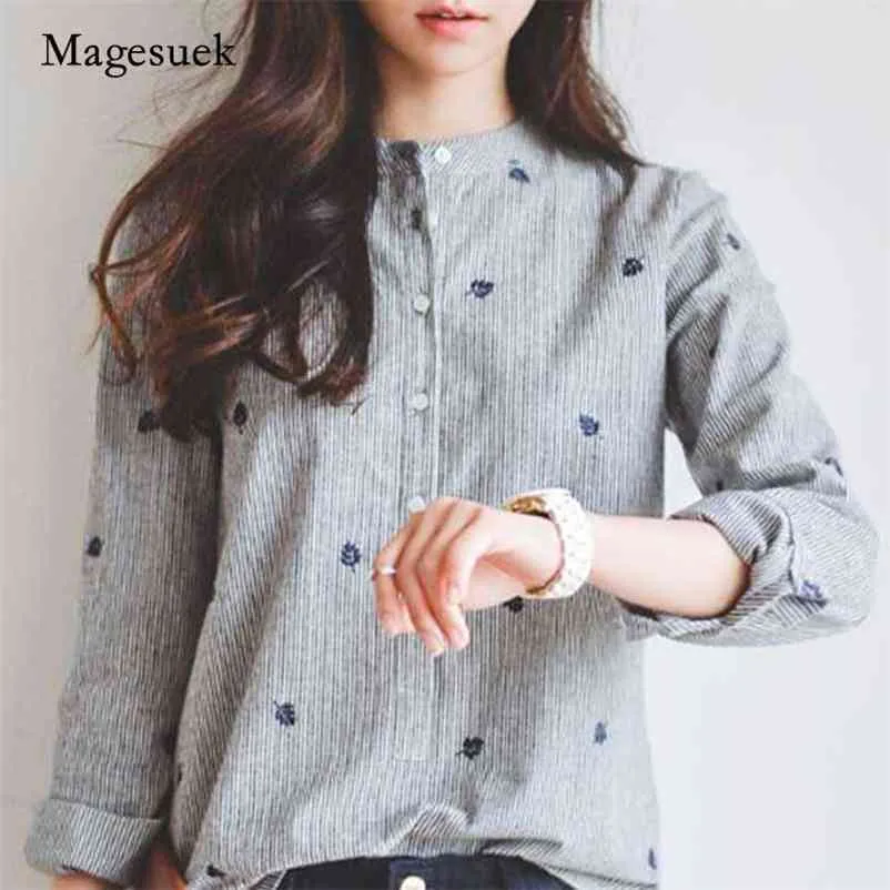 Fashion Grey Striped Women Long Sleeve Leaf Embroidery Blouse Shirt Women's Clothing Office Lady's Tops Blusas 335F 30 210518