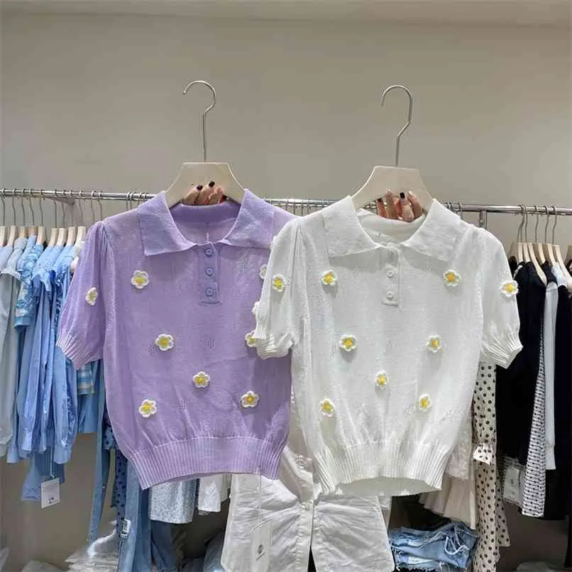 Koreansk mode lapel kortärmad lös t-shirt blomma broderi sticka tröja kvinnor sommar topp 210520