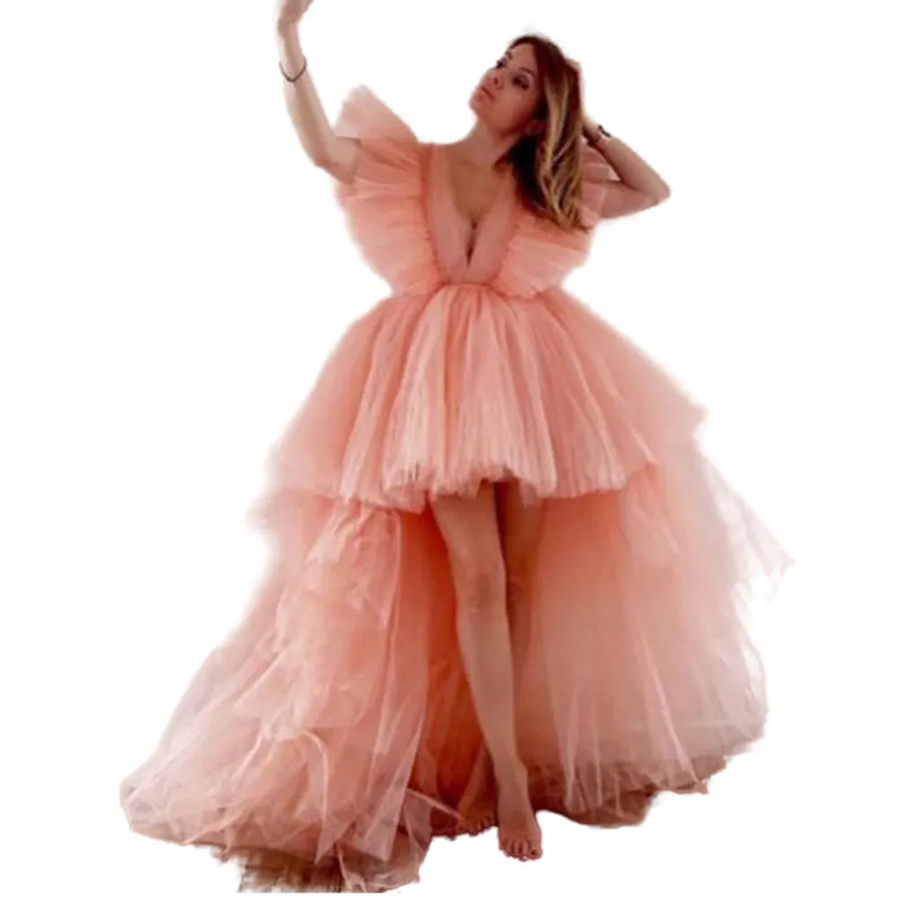 2021 Słodkie, niskie różowe sukienki na bal maturalne Deep V-dół Księżniczka Krótki z przodu długi tiul wieczorny suknie imprezowe