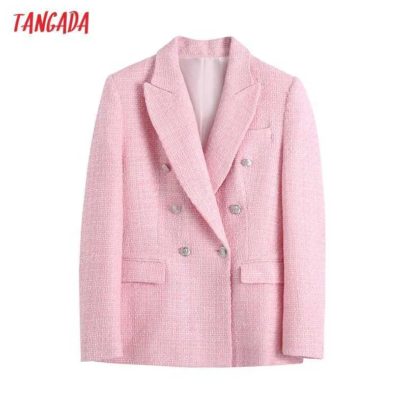 Tangadaの女性ピンクの二重抽選ツイードスーツBlazerコートヴィンテージ長袖ポケット女性の上着BE755 210609