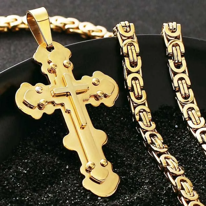 Ortodoxo 3 camadas Rebite Cruz Colar Pingente para Homens Cor do Ouro SolTlsteel Igreja Link Cadeia Colar de Oração Jóias Presente X0707