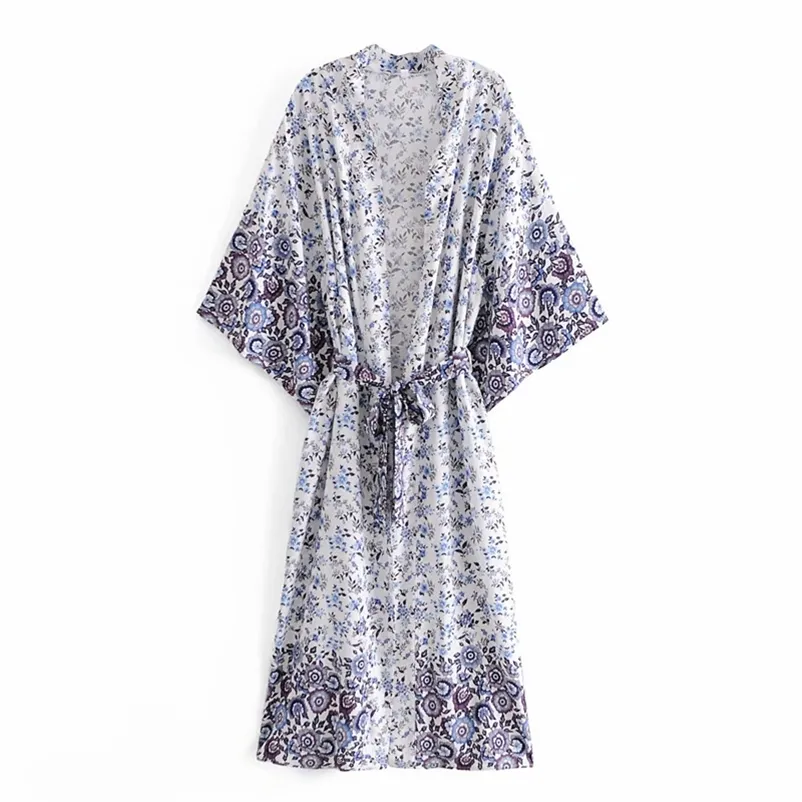 Doce Mulheres V Pescoço Vestido de Cintura Alto Primavera-Outono Moda Fashion Chinês Estilo Feminino Impresso Kimono 210515