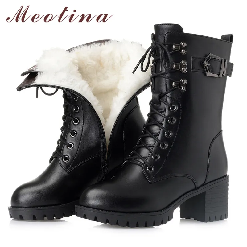 Meotina Natural peles de lã real couro alto salto alto bezerro botas mulheres sapatos fivela zip lace up motocicleta botas de moto senhoras inverno 43 210520