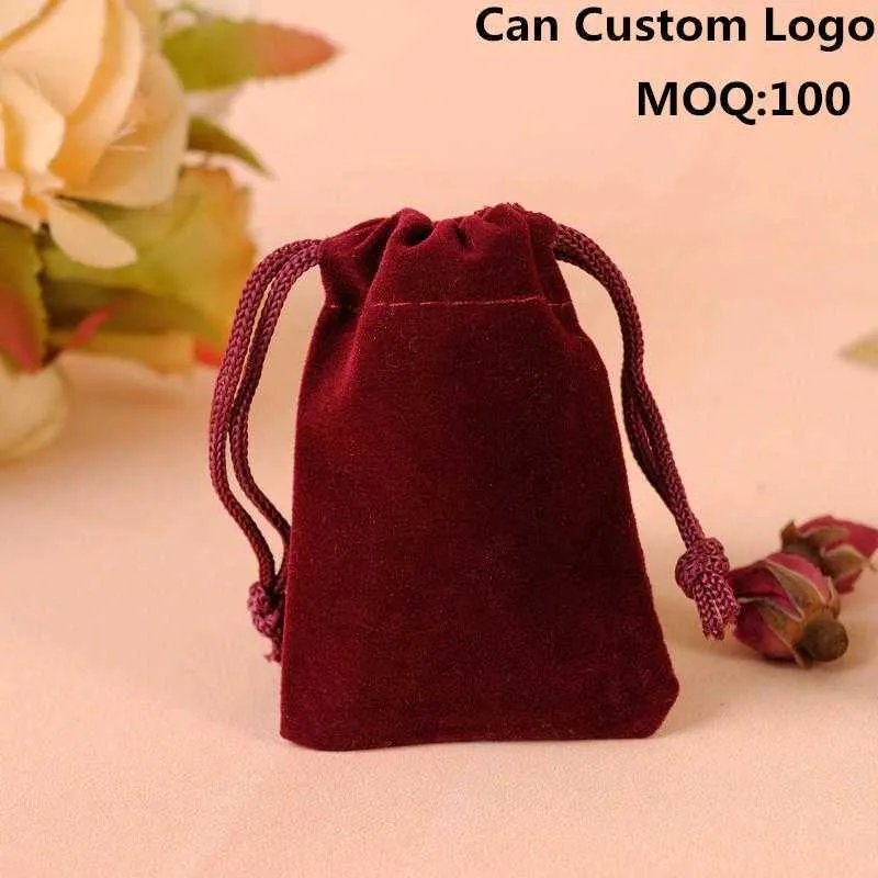 Wholesale High Quality Customized 7X9cm Dark Red Luxury Jewelry Velvet Pouches Drawstring Gift Bags