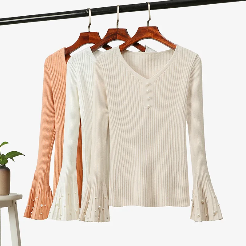 Mode Beading Flare Sleeve Stickad tröja Kvinnor Höst Vinter V-Neck Solid Office Lady Pullovers 210520