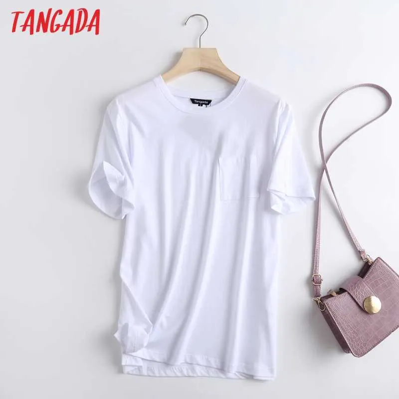 Tangada Women高品質夏の綿Tシャツ半袖O首ティーレディースカジュアルティーシャツストリートウェアトップ6D39 210609