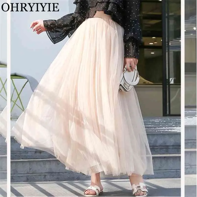 Ohryiyie maxi long tulle saia mulheres cintura alta bola vestido saias verão cintura elástica adulto tutu saias jupe longupe femme 210730