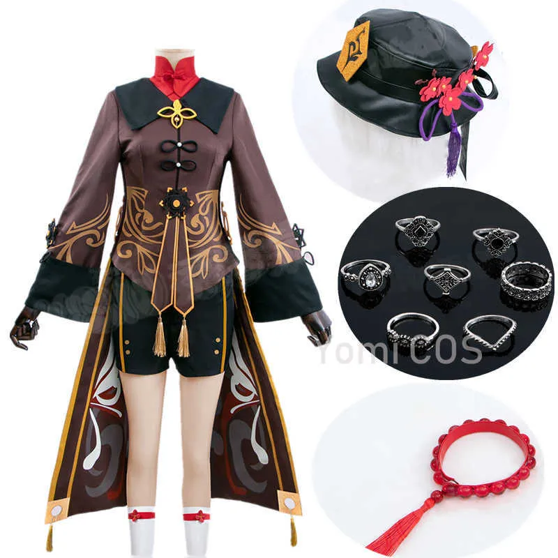 Genshin Impact Hutao Cosplay Costume Uniforme Perruque Cosplay Anime Jeu Hu Tao Cap Chapeau Anneaux Bracelet Halloween Costumes pour Femmes Y0903