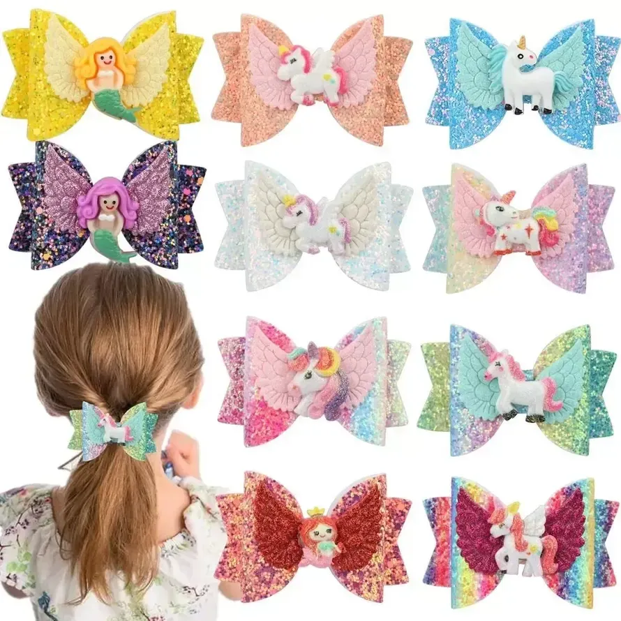 WHT0228 3 Inch Girl Hair Bows   Unicorn Sequin... 