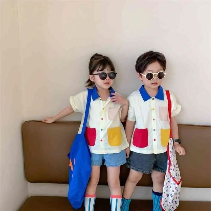 Estilo coreano verano 3 colores patchwork bolsillo camisas de manga corta niños algodón casual Tops 210713