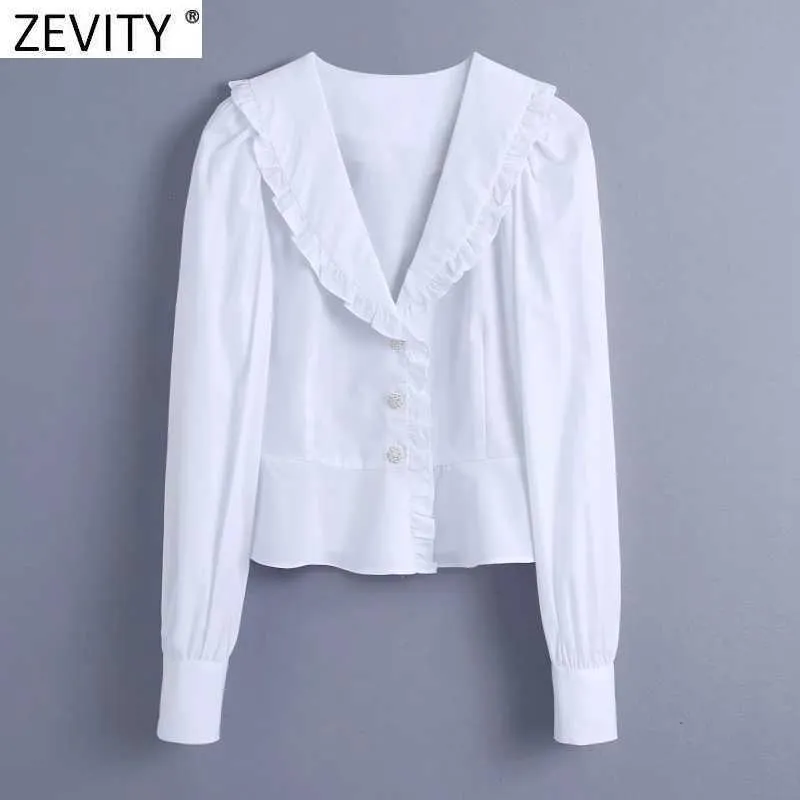 Zeefity Dames Sweet Agaric Lace White Smock Blouse Office Dames Puff Sleeve Diamond Buttons Shirts Chique Blusas Tops LS7709 210603