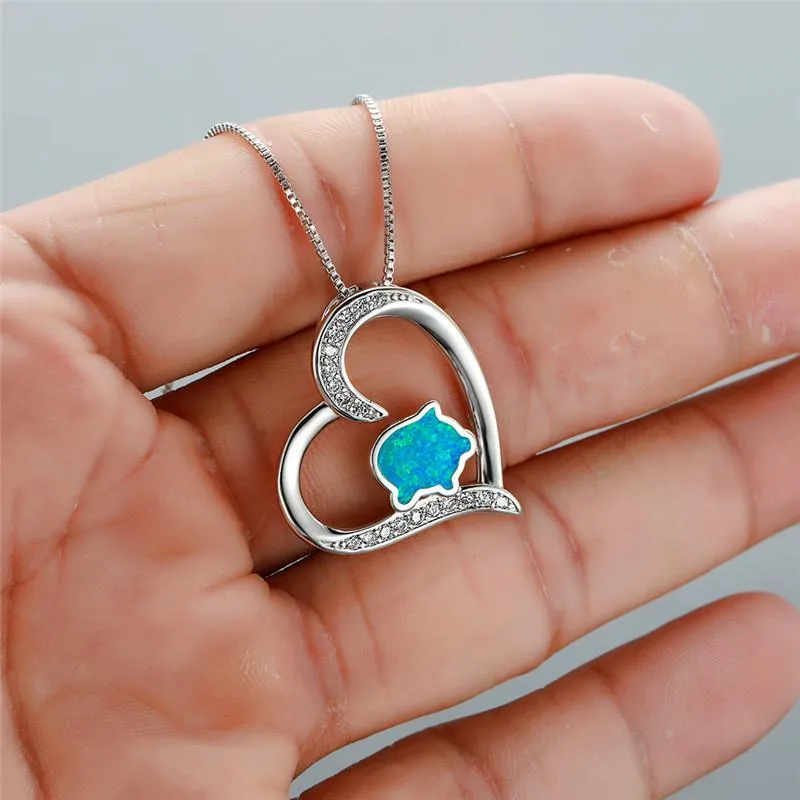 Mignon femme grand coeur pendentifs colliers couleur argent mariage pour les femmes Boho blanc bleu opale de feu collier pendentif