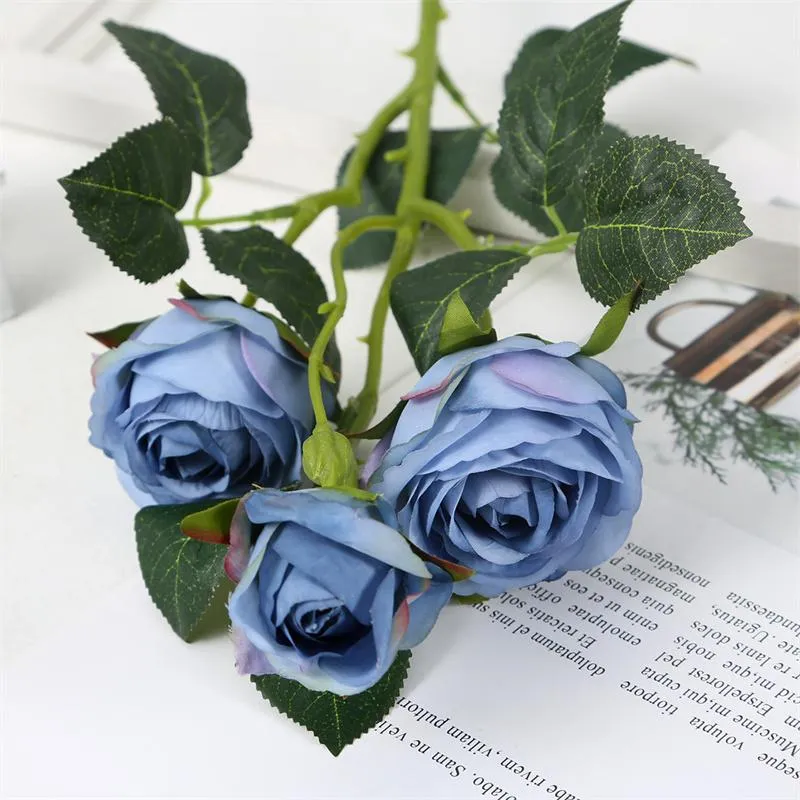 3 Heads Artificial Rose Flowers Retro Style Single Stem Realistic Fake Roses DIY Flowers for Home Office Party Decoration