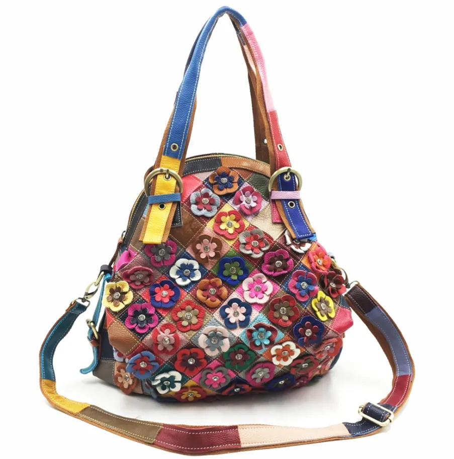 Jakość skórzana damska dorywcza pasek losowy szwy torebka mody damskie kolorowe kwiat messenger tote torba