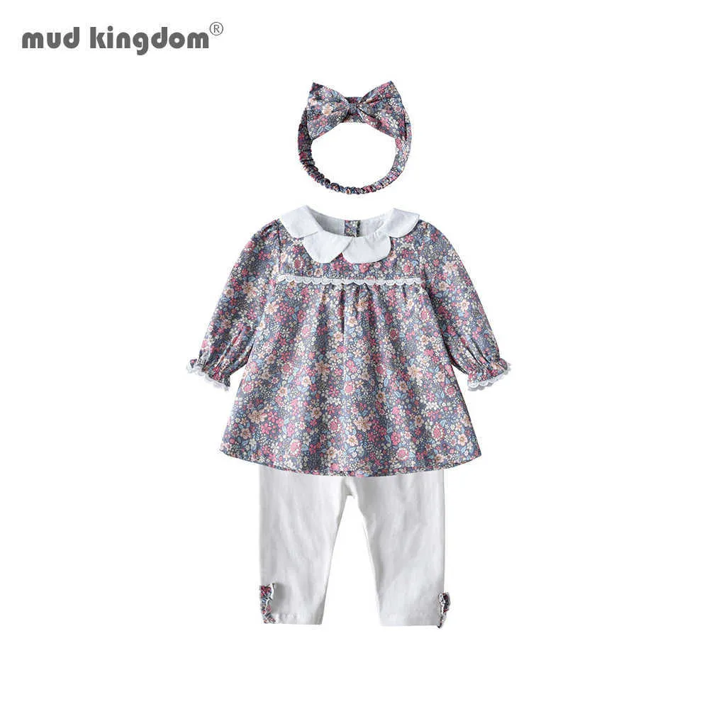 Mudkingdom baby flicka kläder uppsättning bomull långärmad blommiga toppar casual byxor huvudband 3pcs spädbarn toddler outfits 210615