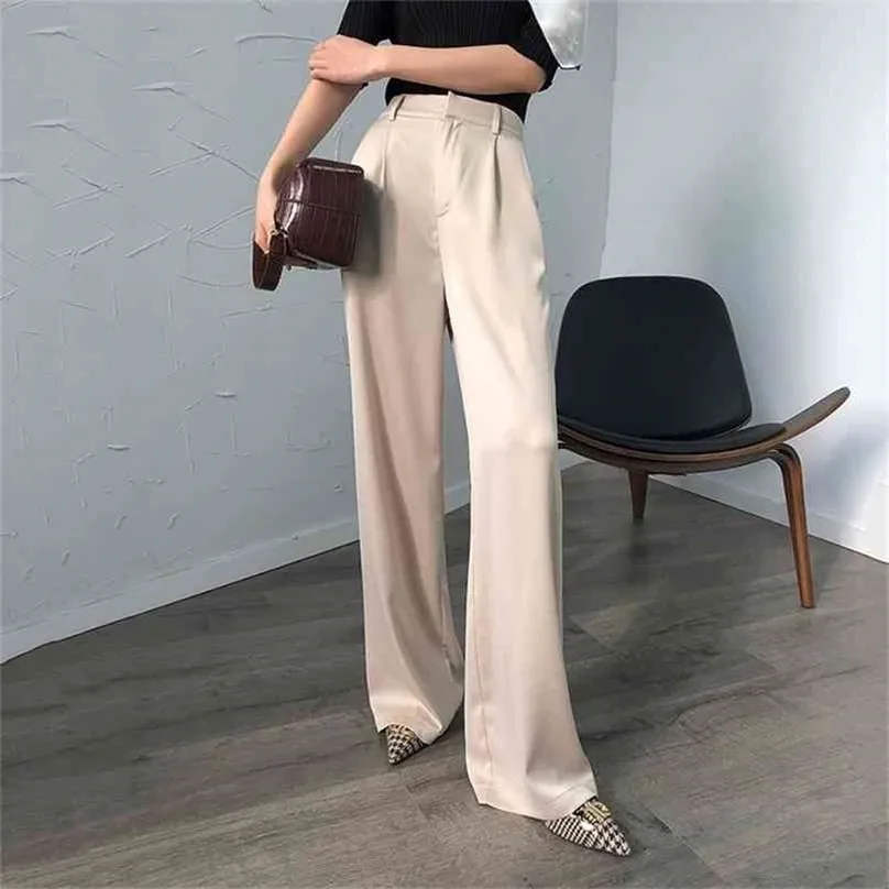 Maxi Pants For Women High Waist Zipper Pocket Summer Vintage Street Wear Long Trouser Glossy Satin Elegant Pant 210915