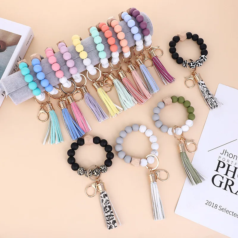 14 Cores De Madeira Tassel Bead Pulseira Pulseira Keychain Beads de Silicone Braceletes Mulheres Girl Chaveiro Anel Strap de Pulso para Carrinho de Corrente Bordado Presente Portátil Frisado