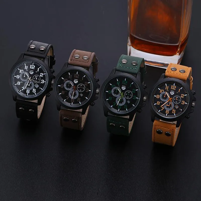 Wristwatches Top Fashion Date Clock Sport Watches Military Leather Waterproof Quartz Analog Men's Wrist