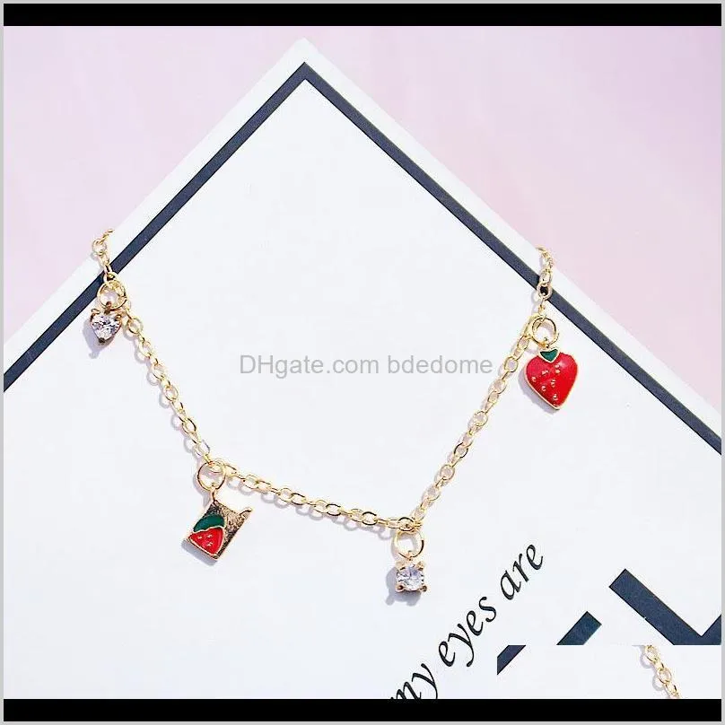Cute Baby Girl Strawberry and Round Cubic Zirconia Chains Bracelets charms Friend Gift Stainless Steel Collier Bangles Mujer