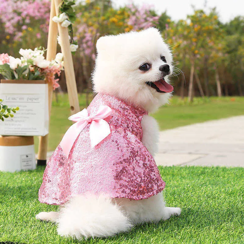 Abiti da principessa per matrimoni estivi per animali domestici Abiti rosa bianco Bellissimi abiti glitterati con paillettes per cani di piccola taglia