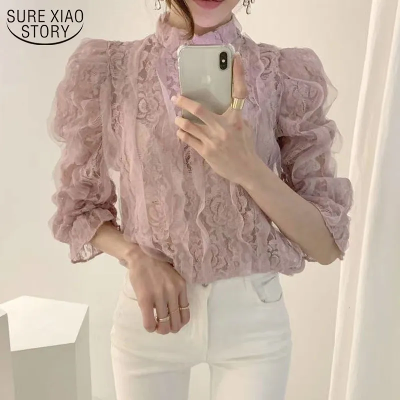 Blusa de encaje de malla de primavera para mujer, blusa Sexy coreana con mangas abullonadas y cuello levantado, Tops florales para mujer 13457 210508